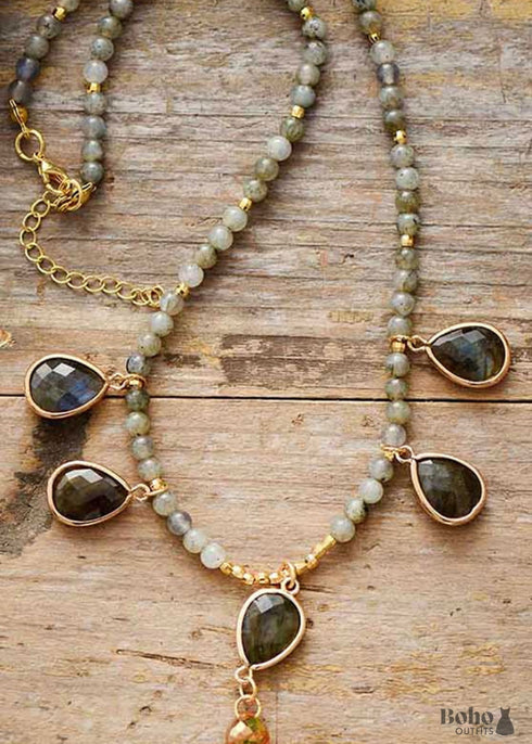 Boho Necklace, Labradorite, Rhinestone